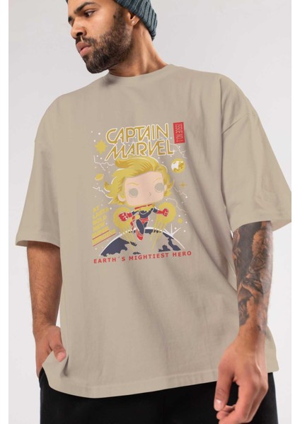 Captain Marvel Ön Baskılı Bej Oversize T-Shirt Bisiklet Yaka Pamuk Erkek Kadın modelleri