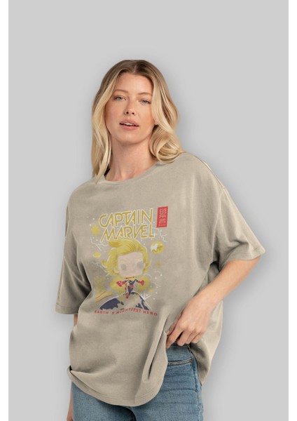 Captain Marvel Ön Baskılı Bej Oversize T-Shirt Bisiklet Yaka Pamuk Erkek Kadın fırsatları