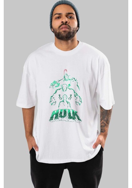 Hulk (11) Ön Baskılı Beyaz Oversize T-Shirt Bisiklet Yaka Erkek Kadın