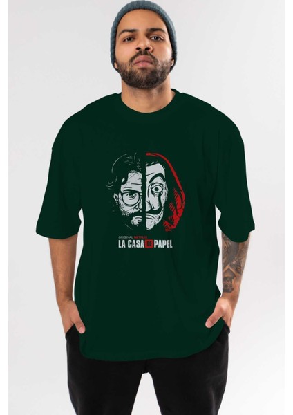 La Casa De Papel (9) Ön Baskılı Zümrüt Yeşili Oversize T-Shirt Bisiklet Yaka Pamuk Erkek Kadın