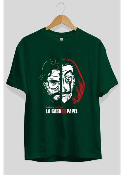La Casa De Papel (9) Ön Baskılı Zümrüt Yeşili Oversize T-Shirt Bisiklet Yaka Pamuk Erkek Kadın