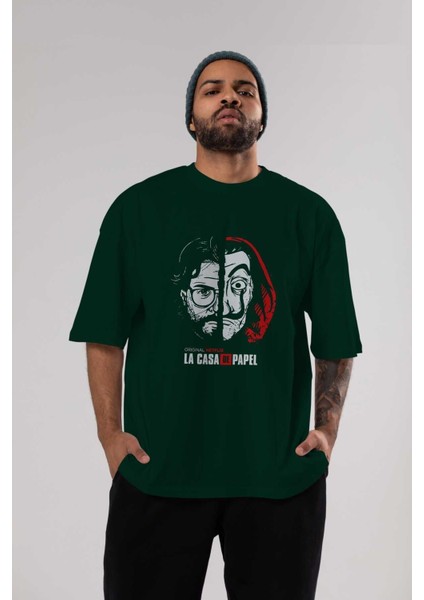 La Casa De Papel (9) Ön Baskılı Zümrüt Yeşili Oversize T-Shirt Bisiklet Yaka Pamuk Erkek Kadın