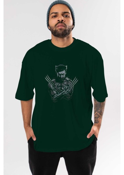 Wolverine Ön Baskılı Zümrüt Yeşili Oversize T-Shirt Bisiklet Yaka Pamuk Erkek Kadın