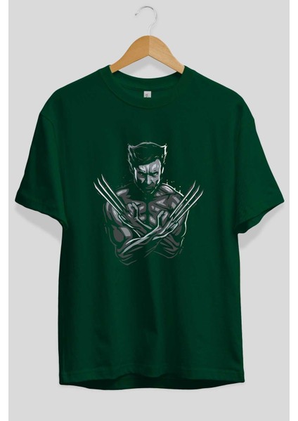 Wolverine Ön Baskılı Zümrüt Yeşili Oversize T-Shirt Bisiklet Yaka Pamuk Erkek Kadın