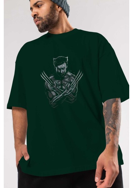 Wolverine Ön Baskılı Zümrüt Yeşili Oversize T-Shirt Bisiklet Yaka Pamuk Erkek Kadın