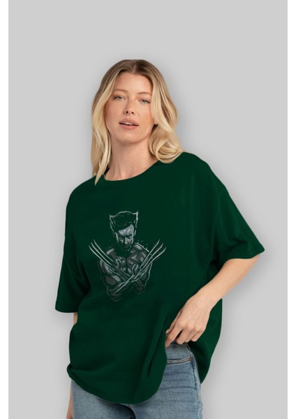 Wolverine Ön Baskılı Zümrüt Yeşili Oversize T-Shirt Bisiklet Yaka Pamuk Erkek Kadın