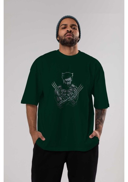 Wolverine Ön Baskılı Zümrüt Yeşili Oversize T-Shirt Bisiklet Yaka Pamuk Erkek Kadın