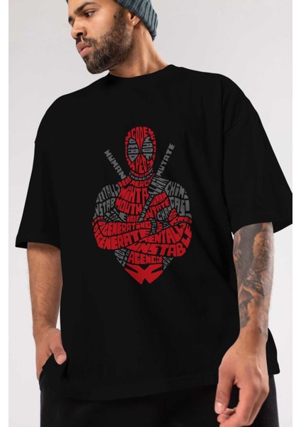 Deadpool (16) Ön Baskılı Siyah Oversize T-Shirt Bisiklet Yaka Erkek Kadın modelleri