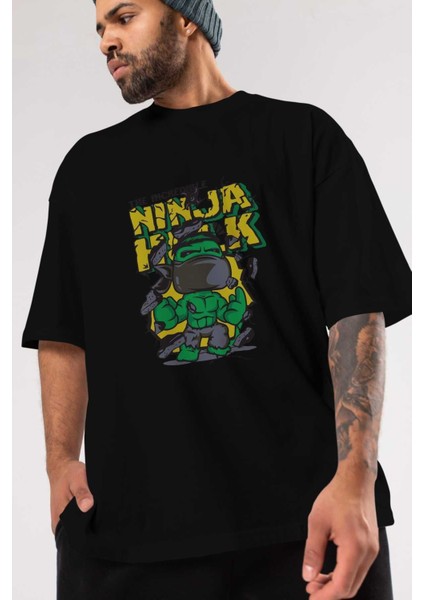 Hulk (5) Ön Baskılı Siyah Oversize T-Shirt Bisiklet Yaka Erkek Kadın modelleri