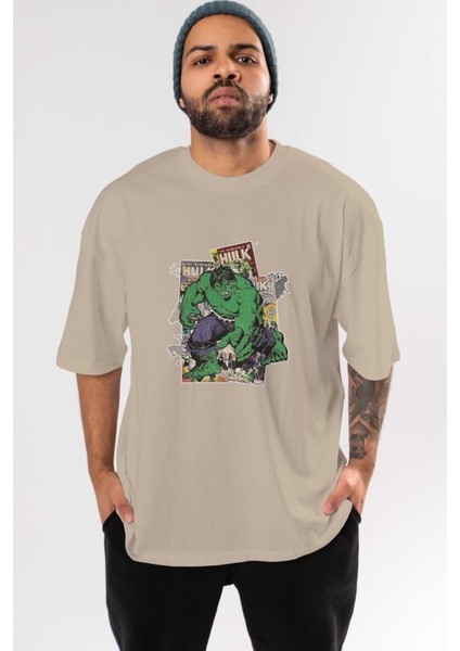 Hulk Ön Baskılı Bej Oversize T-Shirt Bisiklet Yaka Pamuk Erkek Kadın