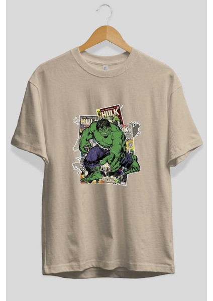 Hulk Ön Baskılı Bej Oversize T-Shirt Bisiklet Yaka Pamuk Erkek Kadın fiyatları