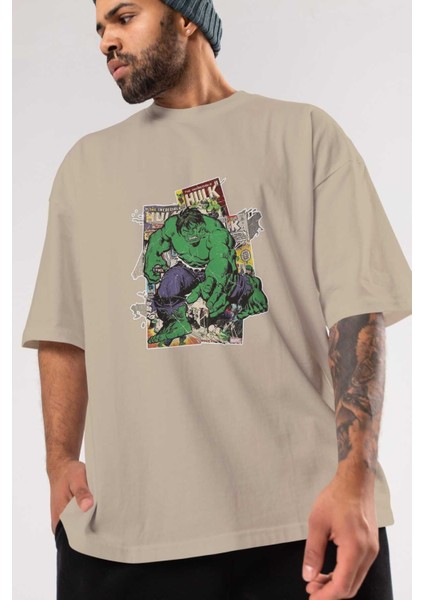 Hulk Ön Baskılı Bej Oversize T-Shirt Bisiklet Yaka Pamuk Erkek Kadın modelleri