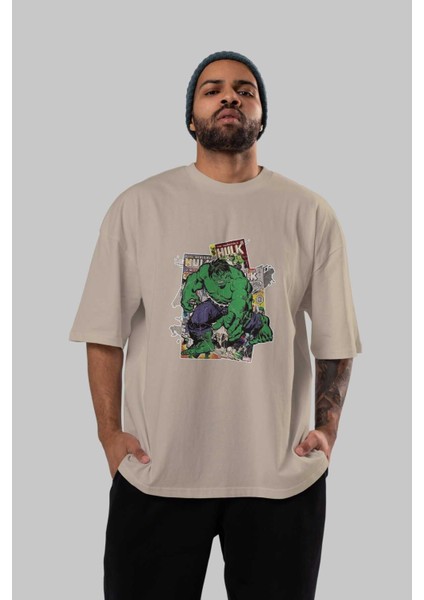 Hulk Ön Baskılı Bej Oversize T-Shirt Bisiklet Yaka Pamuk Erkek Kadın indirimleri