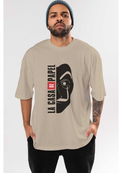 La Casa De Papel (3) Ön Baskılı Bej Oversize T-Shirt Bisiklet Yaka Pamuk Erkek Kadın