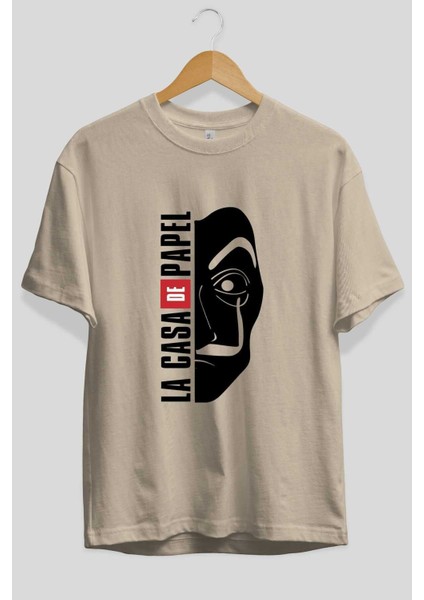 La Casa De Papel (3) Ön Baskılı Bej Oversize T-Shirt Bisiklet Yaka Pamuk Erkek Kadın
