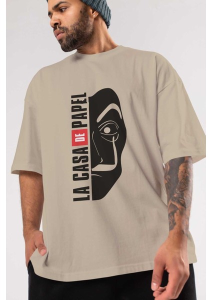 La Casa De Papel (3) Ön Baskılı Bej Oversize T-Shirt Bisiklet Yaka Pamuk Erkek Kadın