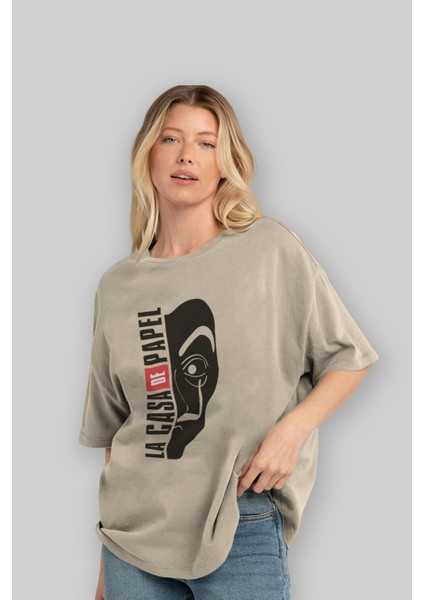 La Casa De Papel (3) Ön Baskılı Bej Oversize T-Shirt Bisiklet Yaka Pamuk Erkek Kadın