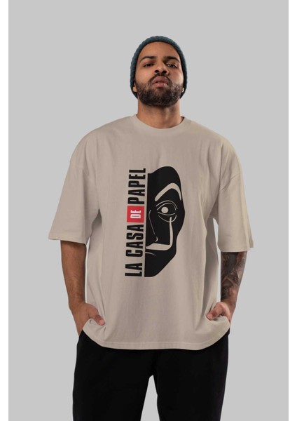 La Casa De Papel (3) Ön Baskılı Bej Oversize T-Shirt Bisiklet Yaka Pamuk Erkek Kadın
