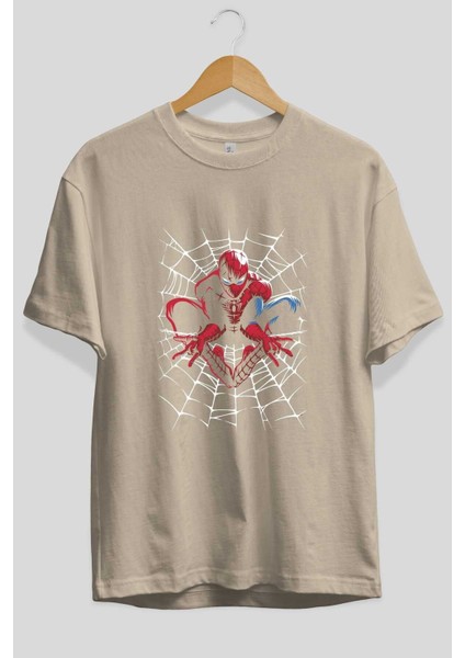 Spiderman (27) Ön Baskılı Bej Oversize T-Shirt Bisiklet Yaka Pamuk Erkek Kadın fiyatları