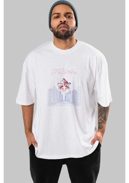 Spiderman (22) Ön Baskılı Beyaz Oversize T-Shirt Bisiklet Yaka Erkek Kadın
