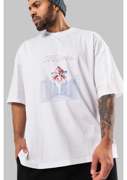 Spiderman (22) Ön Baskılı Beyaz Oversize T-Shirt Bisiklet Yaka Erkek Kadın modelleri