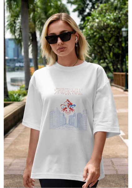 Spiderman (22) Ön Baskılı Beyaz Oversize T-Shirt Bisiklet Yaka Erkek Kadın indirimleri
