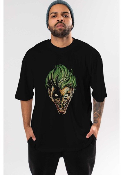 Joker (3) Ön Baskılı Siyah Oversize T-Shirt Bisiklet Yaka Erkek Kadın