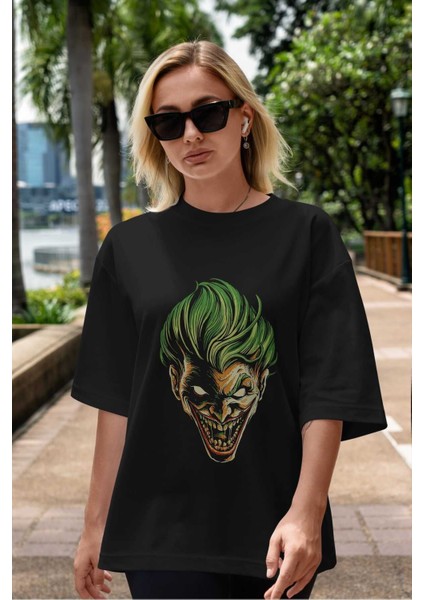 Joker (3) Ön Baskılı Siyah Oversize T-Shirt Bisiklet Yaka Erkek Kadın indirimleri