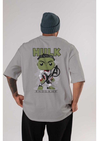 Hulk (9) Arka Baskılı Gri Oversize T-Shirt Bisiklet Yaka Pamuk Erkek Kadın