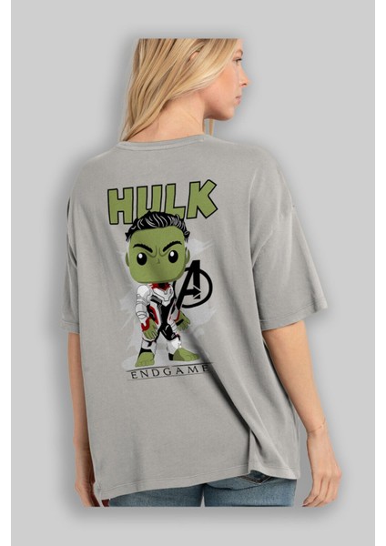Hulk (9) Arka Baskılı Gri Oversize T-Shirt Bisiklet Yaka Pamuk Erkek Kadın