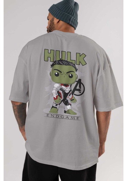 Hulk (9) Arka Baskılı Gri Oversize T-Shirt Bisiklet Yaka Pamuk Erkek Kadın