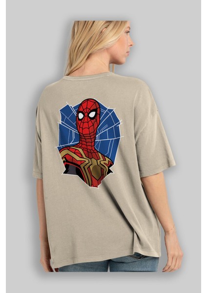 Spiderman (29) Arka Baskılı Bej Oversize T-Shirt Bisiklet Yaka Pamuk Erkek Kadın