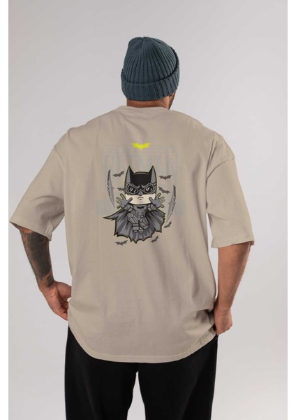 Batman (25) Arka Baskılı Bej Oversize T-Shirt Bisiklet Yaka Pamuk Erkek Kadın