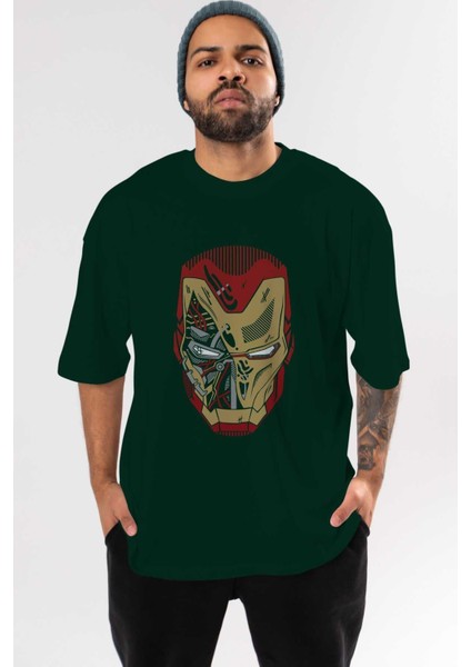 Iron Man (7) Ön Baskılı Zümrüt Yeşili Oversize T-Shirt Bisiklet Yaka Pamuk Erkek Kadın