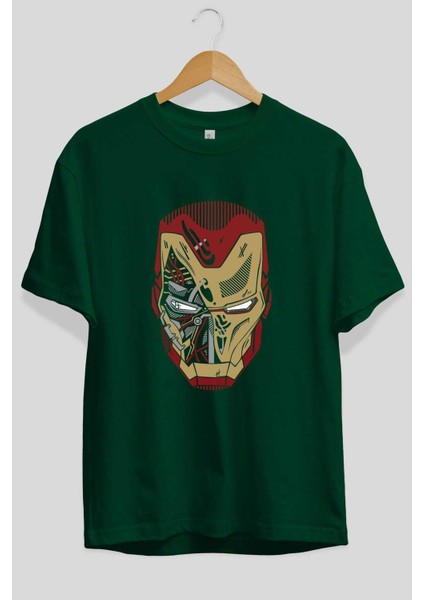 Iron Man (7) Ön Baskılı Zümrüt Yeşili Oversize T-Shirt Bisiklet Yaka Pamuk Erkek Kadın
