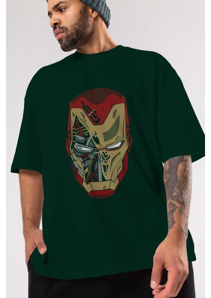 Iron Man (7) Ön Baskılı Zümrüt Yeşili Oversize T-Shirt Bisiklet Yaka Pamuk Erkek Kadın