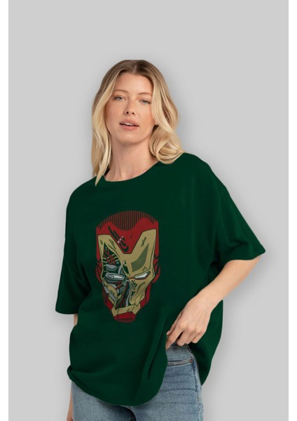 Iron Man (7) Ön Baskılı Zümrüt Yeşili Oversize T-Shirt Bisiklet Yaka Pamuk Erkek Kadın