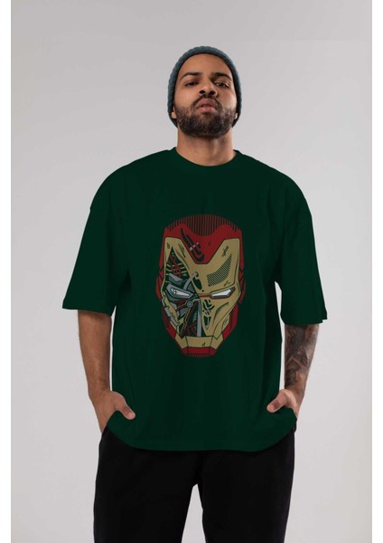 Iron Man (7) Ön Baskılı Zümrüt Yeşili Oversize T-Shirt Bisiklet Yaka Pamuk Erkek Kadın