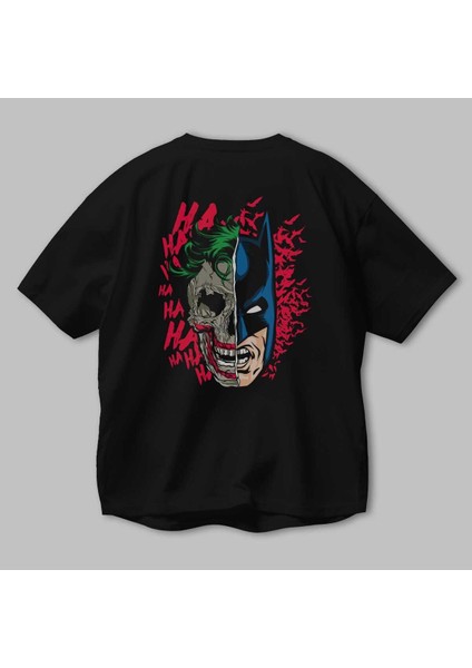 Joker Batman Arka Baskılı Siyah Oversize T-Shirt Bisiklet Yaka Pamuk Erkek Kadın modelleri