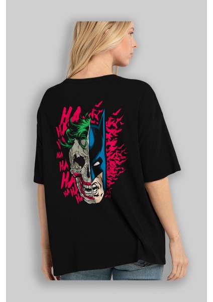 Joker Batman Arka Baskılı Siyah Oversize T-Shirt Bisiklet Yaka Pamuk Erkek Kadın fırsatları