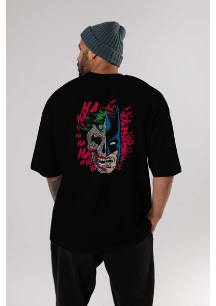 Joker Batman Arka Baskılı Siyah Oversize T-Shirt Bisiklet Yaka Pamuk Erkek Kadın indirimleri