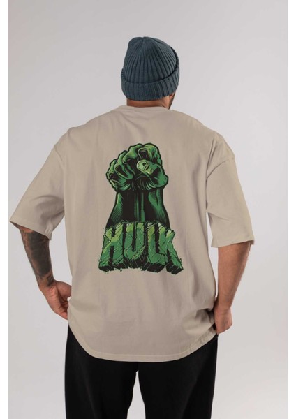 Hulk (1) Arka Baskılı Bej Oversize T-Shirt Bisiklet Yaka Pamuk Erkek Kadın