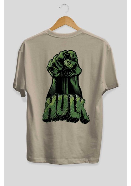 Hulk (1) Arka Baskılı Bej Oversize T-Shirt Bisiklet Yaka Pamuk Erkek Kadın fiyatları