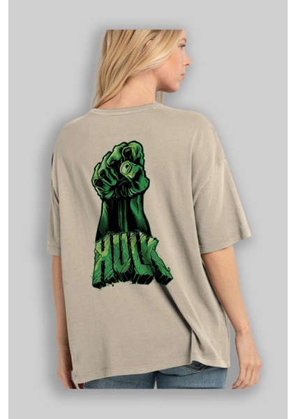 Hulk (1) Arka Baskılı Bej Oversize T-Shirt Bisiklet Yaka Pamuk Erkek Kadın modelleri