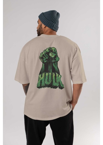 Hulk (1) Arka Baskılı Bej Oversize T-Shirt Bisiklet Yaka Pamuk Erkek Kadın fırsatları