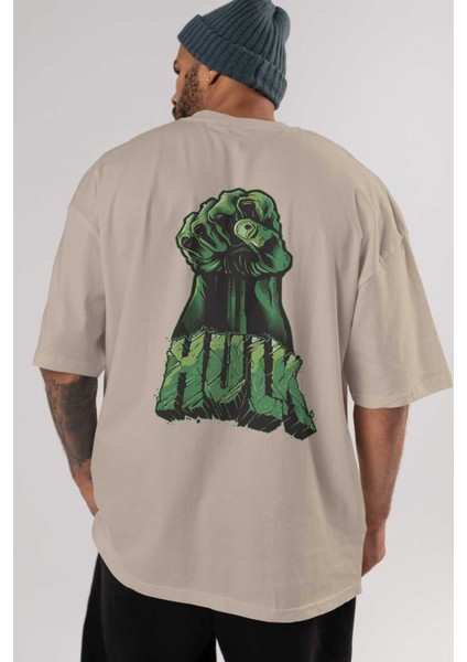 Hulk (1) Arka Baskılı Bej Oversize T-Shirt Bisiklet Yaka Pamuk Erkek Kadın indirimleri