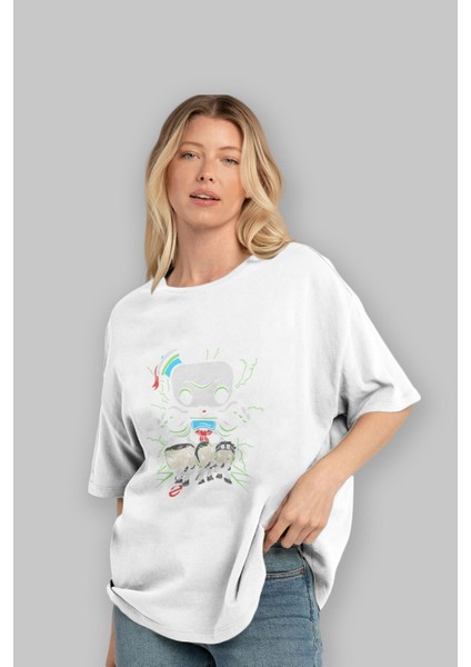 Ghostbusters Ön Baskılı Beyaz Oversize T-Shirt Bisiklet Yaka Erkek Kadın fırsatları