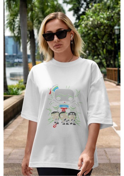 Ghostbusters Ön Baskılı Beyaz Oversize T-Shirt Bisiklet Yaka Erkek Kadın indirimleri
