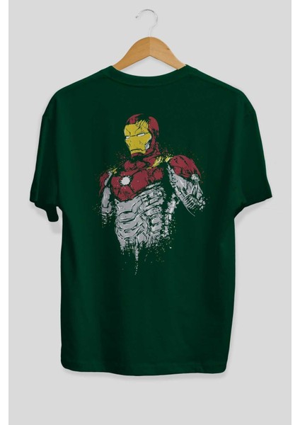 Iron Man (2) Arka Baskılı Zümrüt Yeşili Oversize T-Shirt Bisiklet Yaka Erkek Kadın