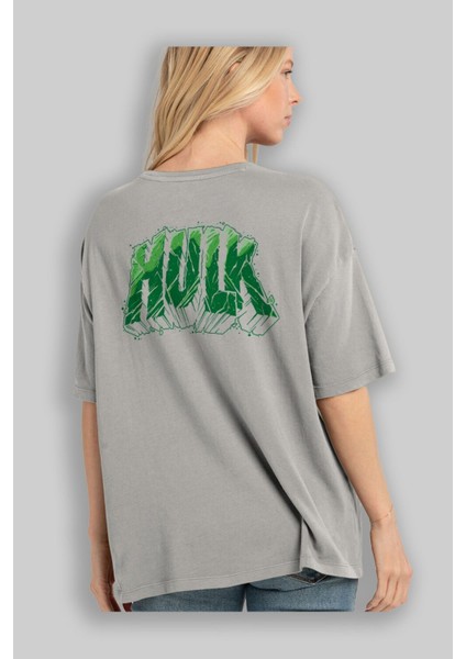 Hulk (14) Arka Baskılı Gri Oversize T-Shirt Bisiklet Yaka Pamuk Erkek Kadın modelleri